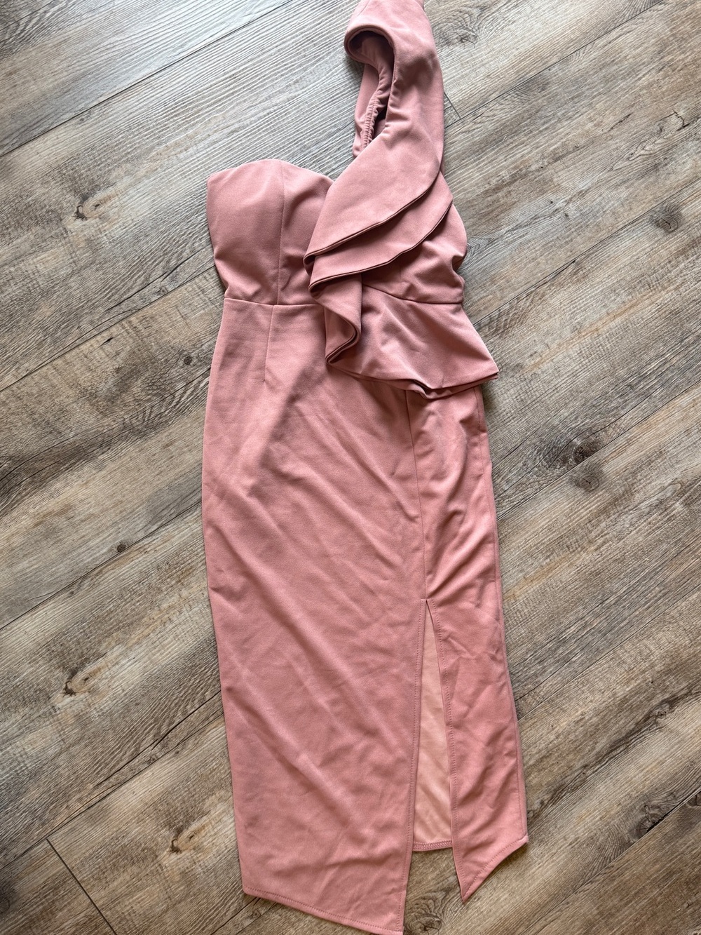 One-Shoulder Ruffle Midi Dress in Rose